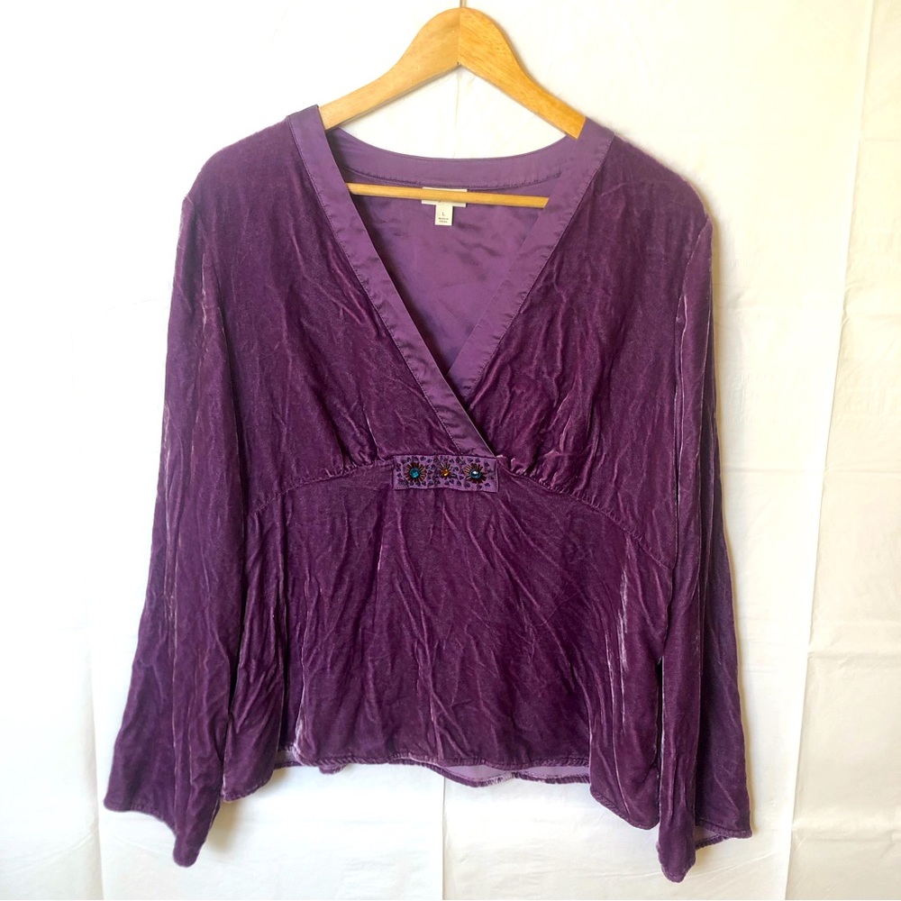 J. Jill Purple Silk Crushed Velvet Top Women’s Size Large Studded Shirt Boho
